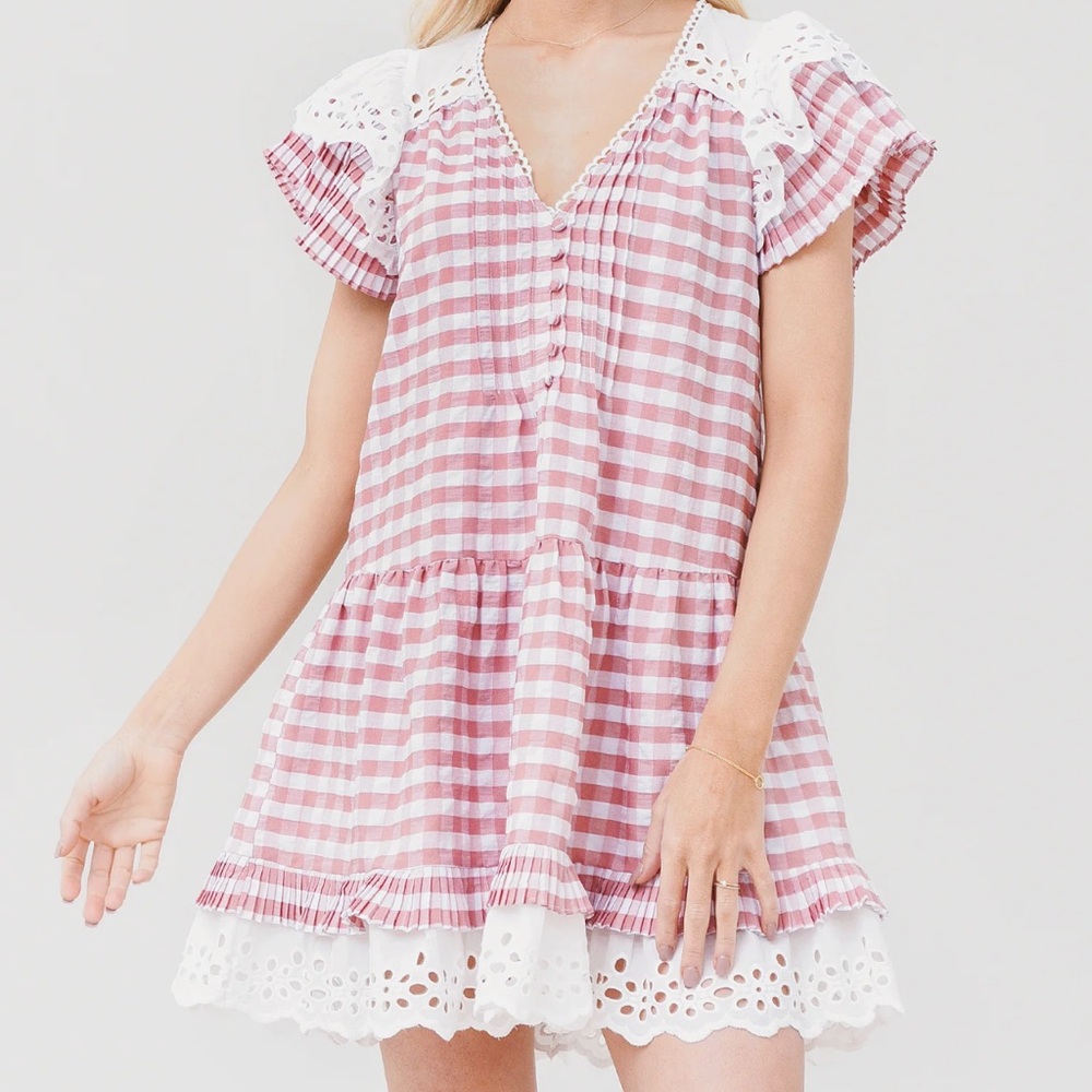 HUNTER BELL Pink Gingham Cotton Eyelet Trim Mini Dress